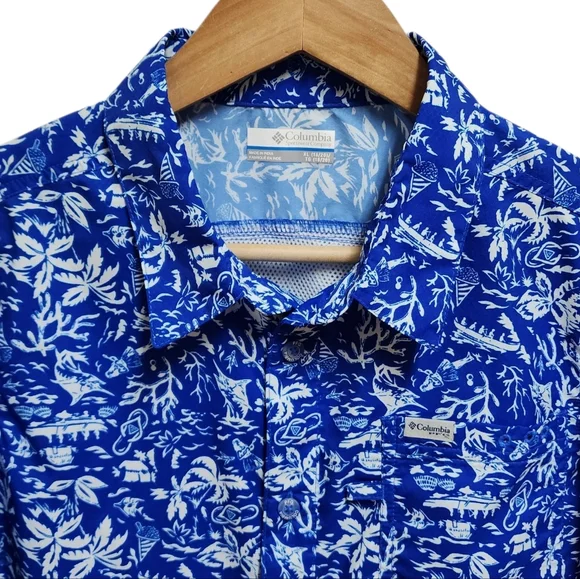 Columbia PFG Shirt Boys Youth XL Blue White Floral Hawaiian Short Sleeve Button - Picture 5 of 15